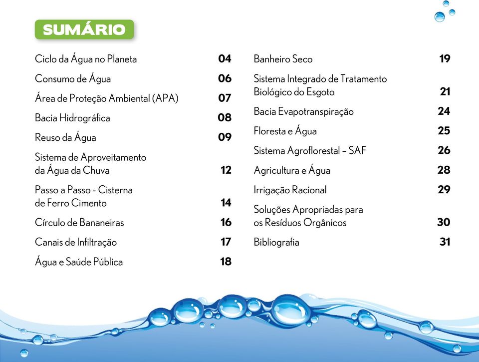 e Saúde Pública 18 Banheiro Seco 19 Sistema Integrado de Tratamento Biológico do Esgoto 21 Bacia Evapotranspiração 24 Floresta e Água 25