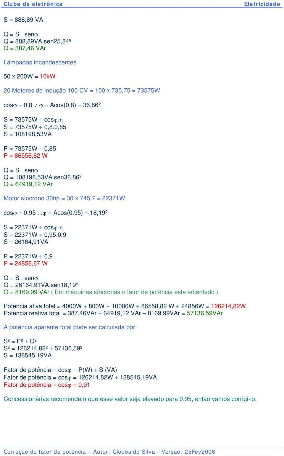 sen36,86º Q = 64919,12 VAr Motor síncrono 30hp = 30 x 745,7 = 22371W cosϕ = 0,95 ϕ = Acos(0.95) = 18,19º S = 22371W cosϕ.η S = 22371W 0,95.0,9 S = 26164,91VA P = 22371W 0,9 P = 24856,67 W Q = S.