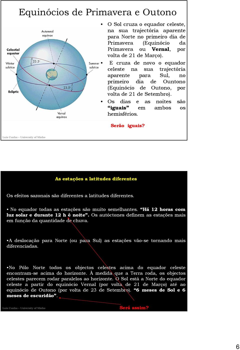 Os dias e as noites são iguais em ambos os hemisférios. Serão iguais? As estações a latitudes diferentes Os efeitos sazonais são diferentes a latitudes diferentes.