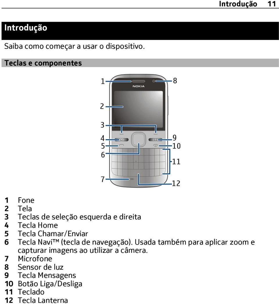 Chamar/Enviar 6 Tecla Navi (tecla de navegação).