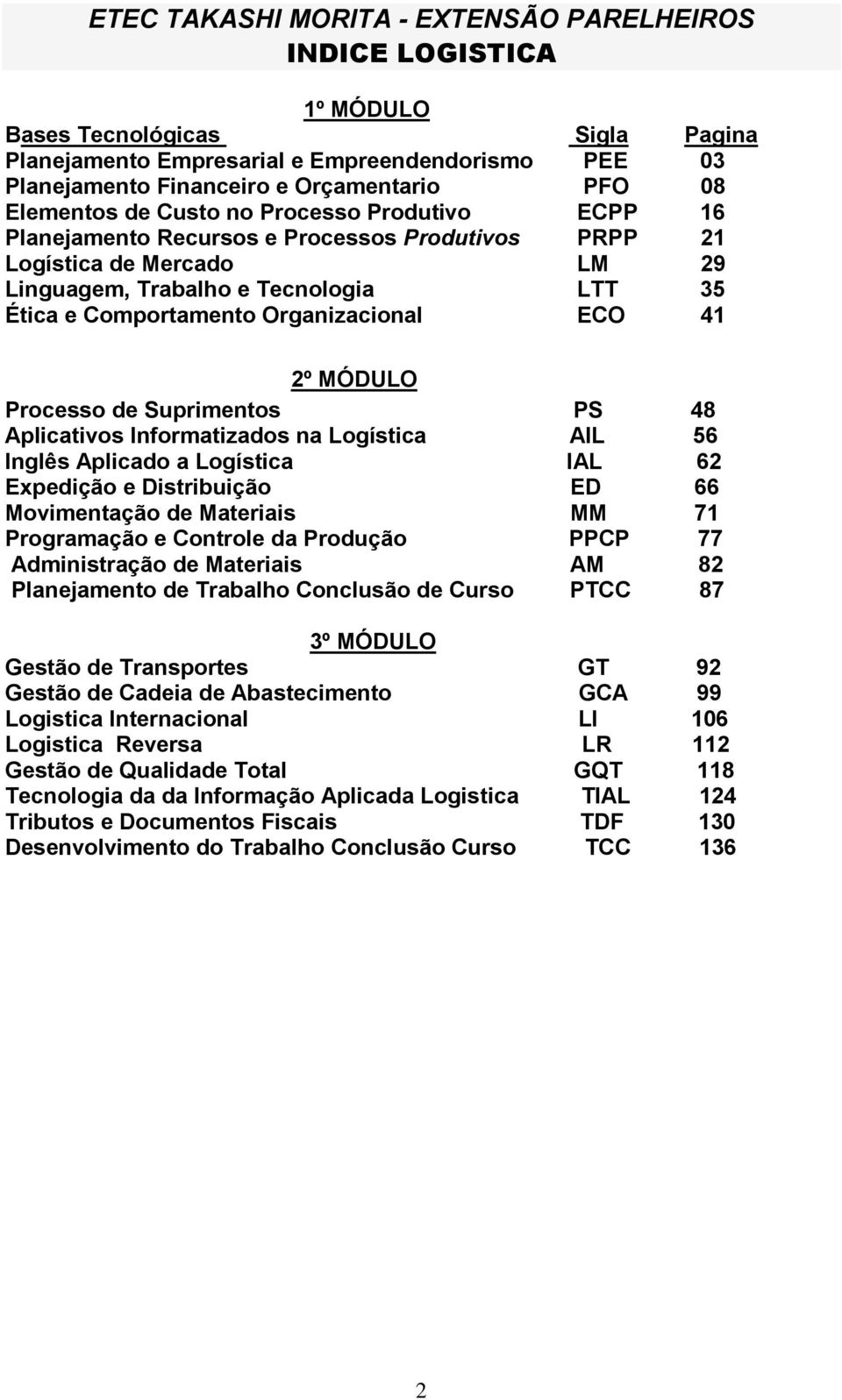 Organizacional ECO 41 2º MÓDULO Processo de Suprimentos CGE PS 48 Aplicativos Informatizados na Logística AIL 56 Inglês Aplicado a Logística IAL 62 Expedição e Distribuição ED 66 Movimentação de