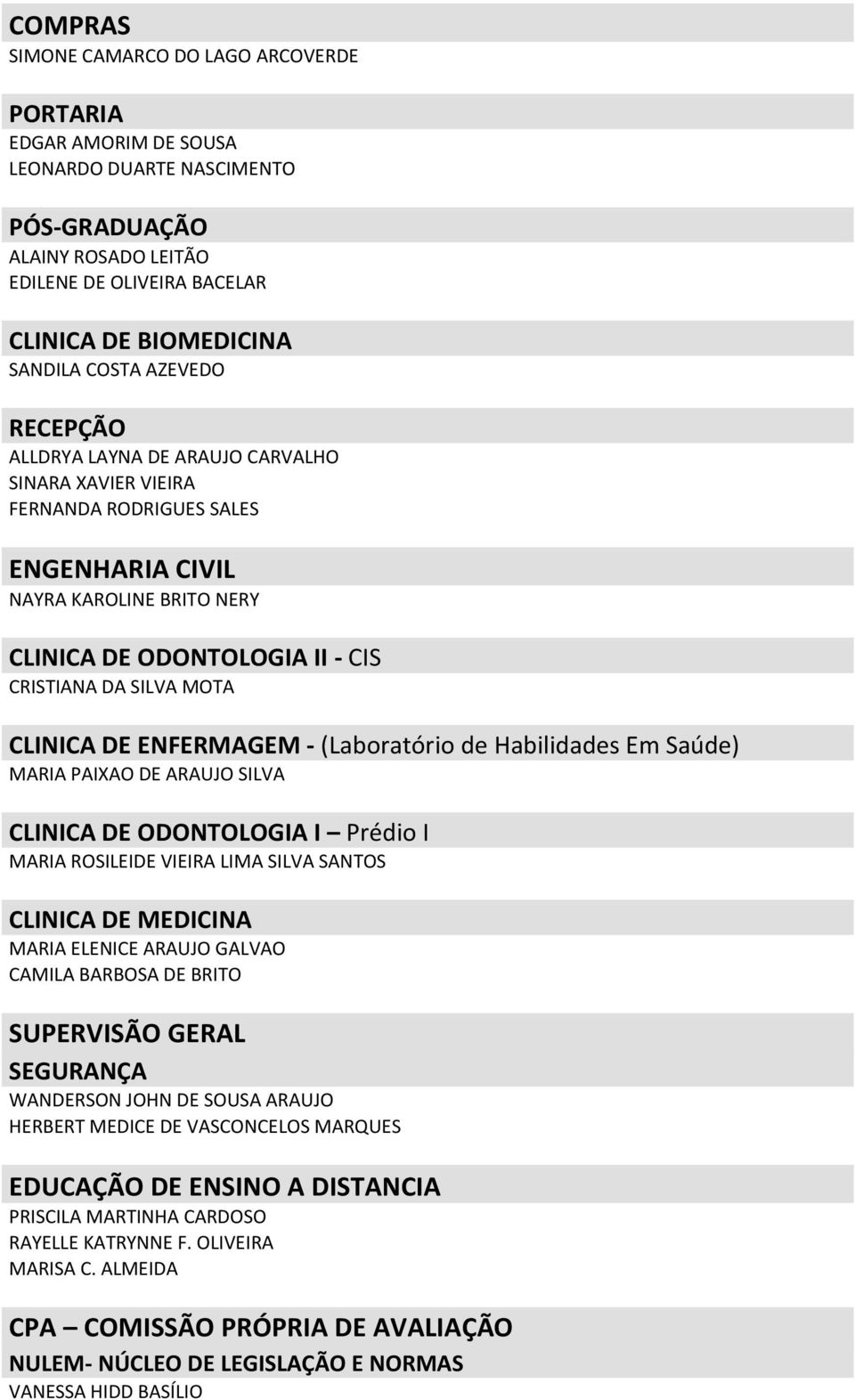 CLINICA DE ENFERMAGEM - (Laboratório de Habilidades Em Saúde) MARIA PAIXAO DE ARAUJO SILVA CLINICA DE ODONTOLOGIA I Prédio I MARIA ROSILEIDE VIEIRA LIMA SILVA SANTOS CLINICA DE MEDICINA MARIA ELENICE