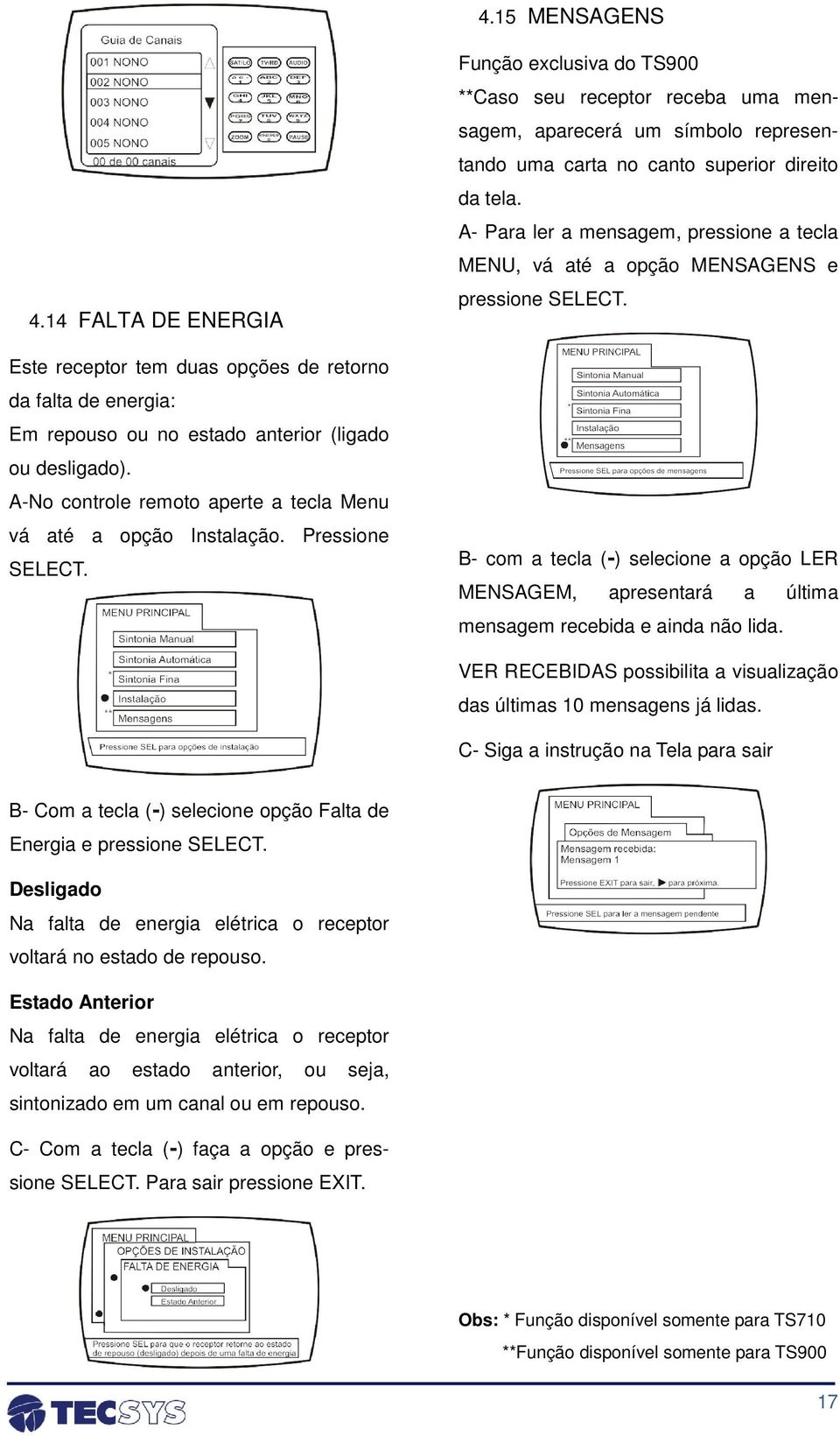 Função exclusiva do TS900 **Caso seu receptor receba uma mensagem, aparecerá um símbolo representando uma carta no canto superior direito da tela.