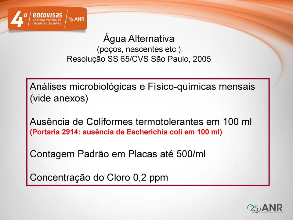 Físico-químicas mensais (vide anexos) Ausência de Coliformes termotolerantes