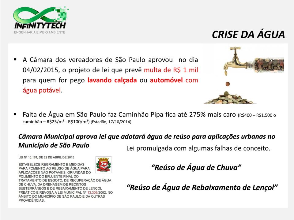 Falta de Água em São Paulo faz Caminhão Pipa fica até 275% mais caro (R$400 R$1.500o caminhão R$25/m³- R$100/m³) (Estadão, 17/10/2014).