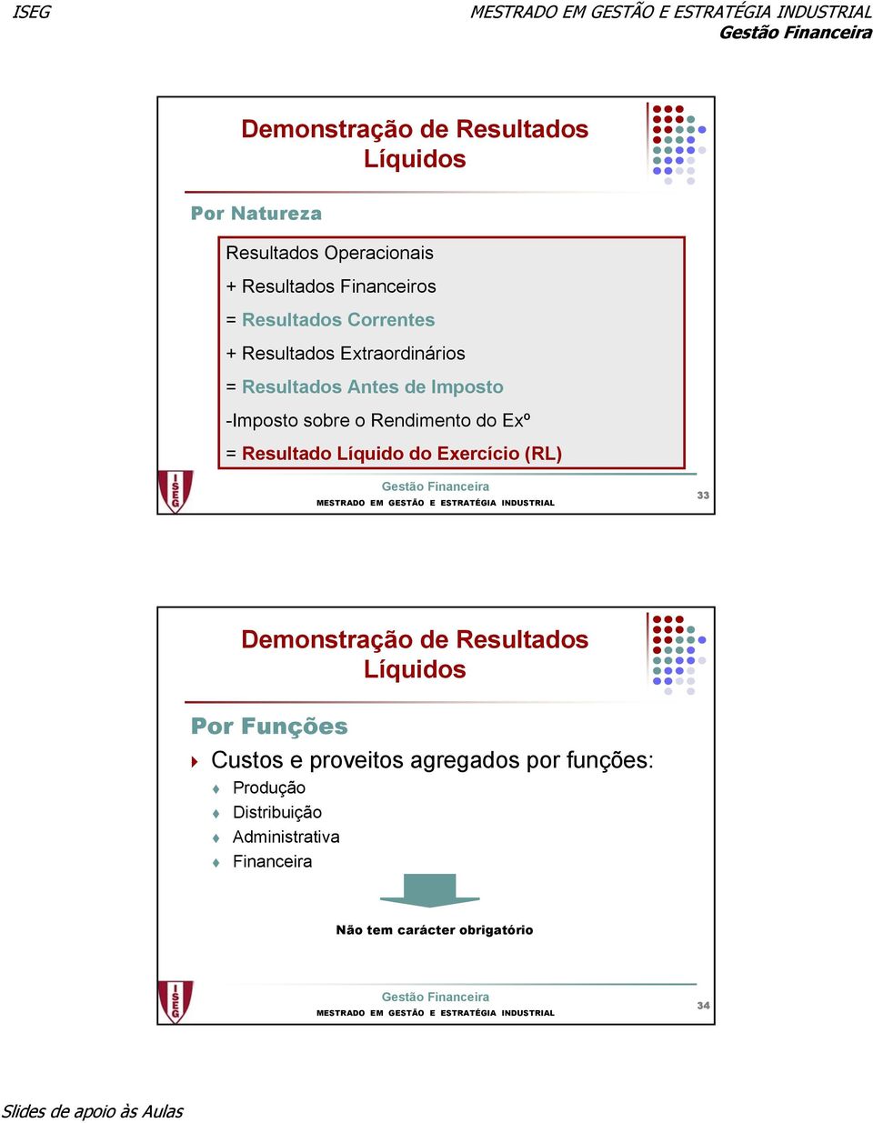 Rendimento do Exº = Resultado Líquido do Exercício (RL) 33 Demonstração de Resultados Líquidos Por Funções