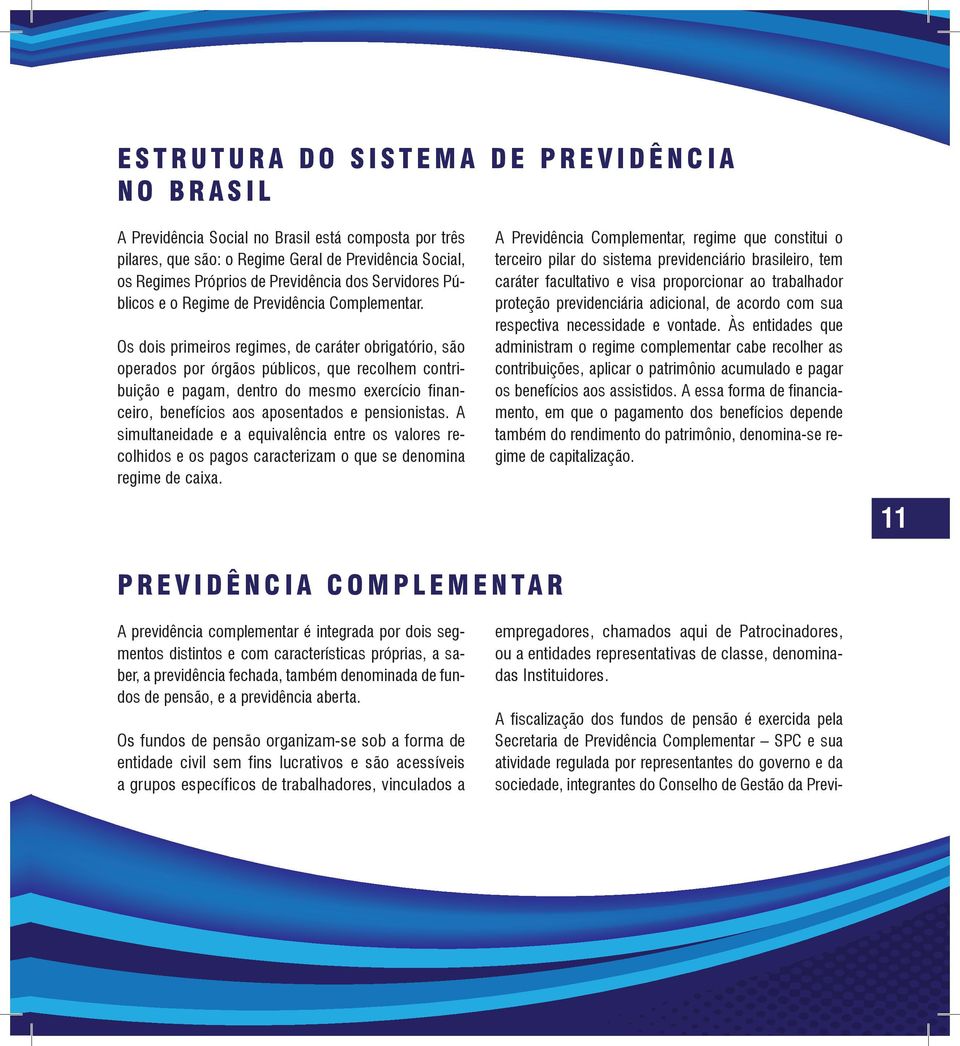 Os dois primeiros regimes, de caráter obrigatório, são operados por órgãos públicos, que recolhem contribuição e pagam, dentro do mesmo exercício financeiro, benefícios aos aposentados e pensionistas.