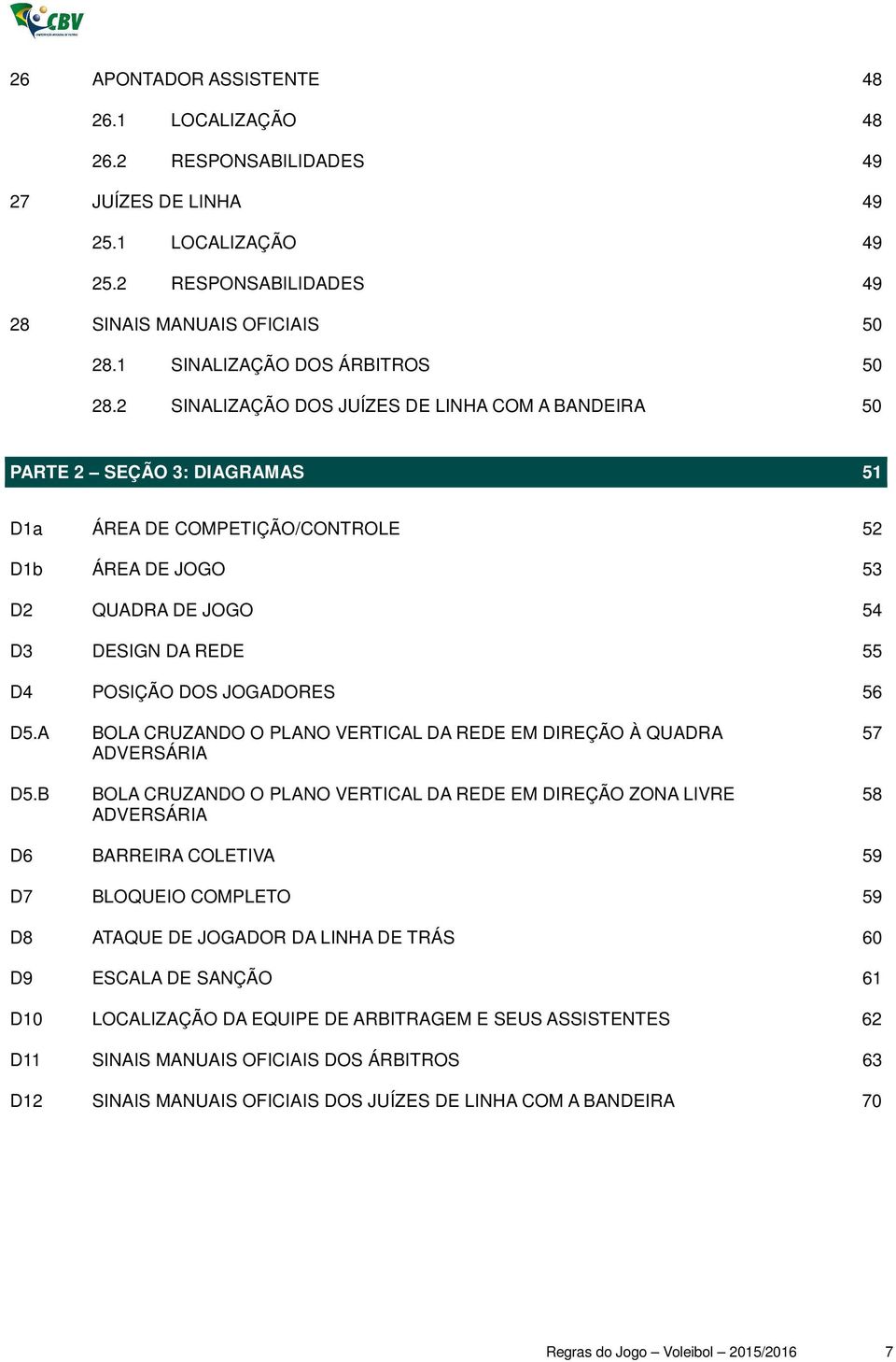 2 SINALIZAÇÃO DOS JUÍZES DE LINHA COM A BANDEIRA 50 PARTE 2 SEÇÃO 3: DIAGRAMAS 51 D1a ÁREA DE COMPETIÇÃO/CONTROLE 52 D1b ÁREA DE JOGO 53 D2 QUADRA DE JOGO 54 D3 DESIGN DA REDE 55 D4 POSIÇÃO DOS