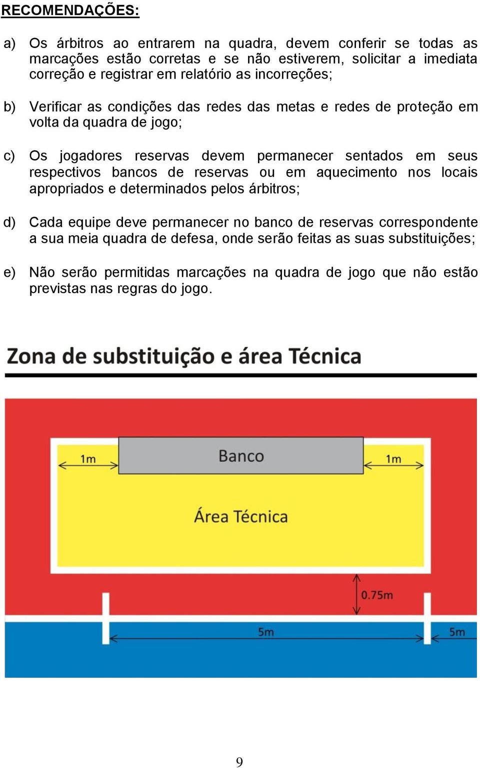 em seus respectivos bancos de reservas ou em aquecimento nos locais apropriados e determinados pelos árbitros; d) Cada equipe deve permanecer no banco de reservas