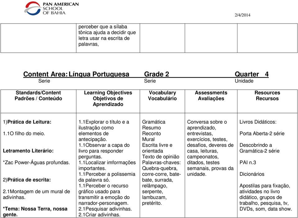 2)Prática de escrita: 2.1Montagem de um mural de adivinhas. *Tema: Nossa Terra, nossa gente. 1.1Explorar o título e a ilustração como elementos de antecipação. 1.1Observar a capa do livro para responder perguntas.