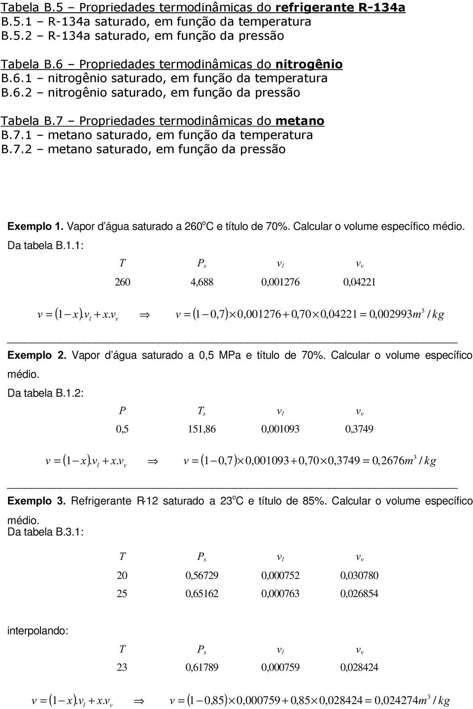 Propriedades termodinâmicas do metano B.7.1 metano saturado, em função da temperatura B.7.2 metano saturado, em função da pressão Exemplo 1. Vapor d água saturado a 260 o C e título de 70%.