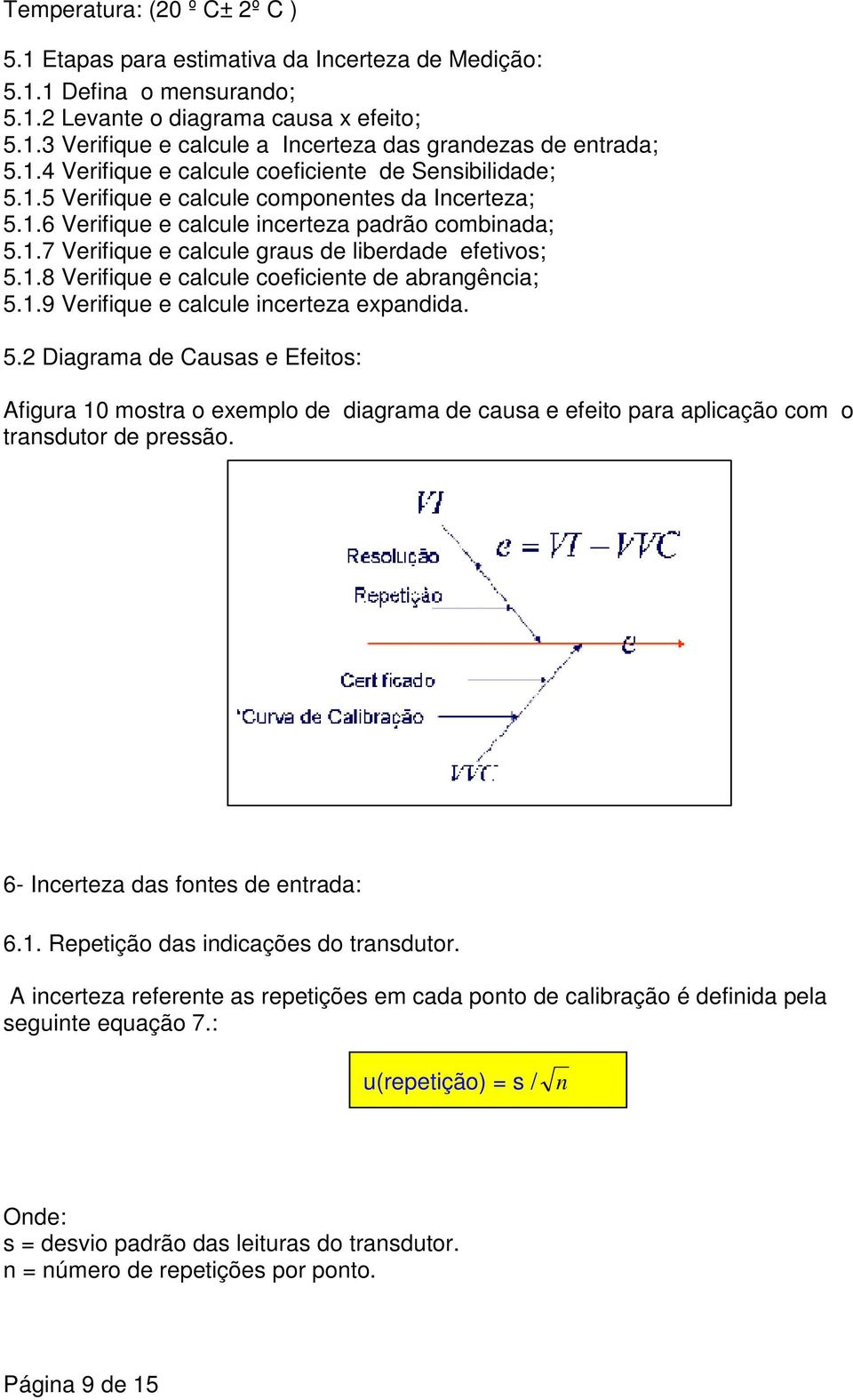 1.8 Verifique e calcule coeficiente de abrangência; 5.1.9 Verifique e calcule incerteza expandida. 5. Diagrama de Causas e Efeitos: Afigura 10 mostra o exemplo de diagrama de causa e efeito para aplicação com o transdutor de pressão.