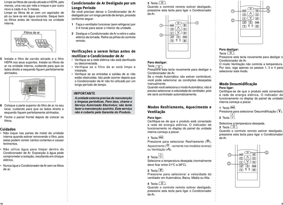 Condicionador de Ar Desligado por um Longo Período Se você precisar deixar o Condicionador de Ar desligado por um longo período de tempo, proceda conforme segue: 1 Faça o ventilador funcionar (sem