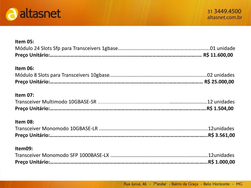000,00 Item 07: Transceiver Multimodo 10GBASE-SR...12 unidades Preço Unitário:....R$ 1.
