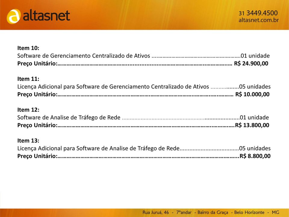 ..05 unidades Preço Unitário:....... R$ 10.000,00 Item 12: Software de Analise de Tráfego de Rede.
