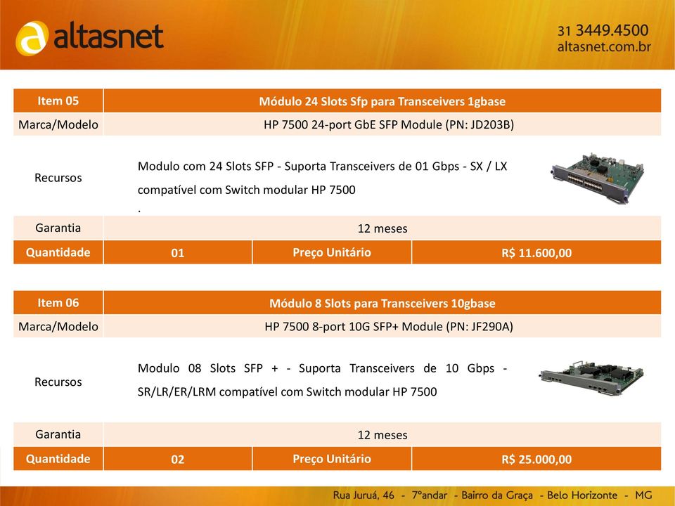 600,00 Item 06 Módulo 8 Slots para Transceivers 10gbase HP 7500 8-port 10G SFP+ Module (PN: JF290A) Modulo 08 Slots SFP + -
