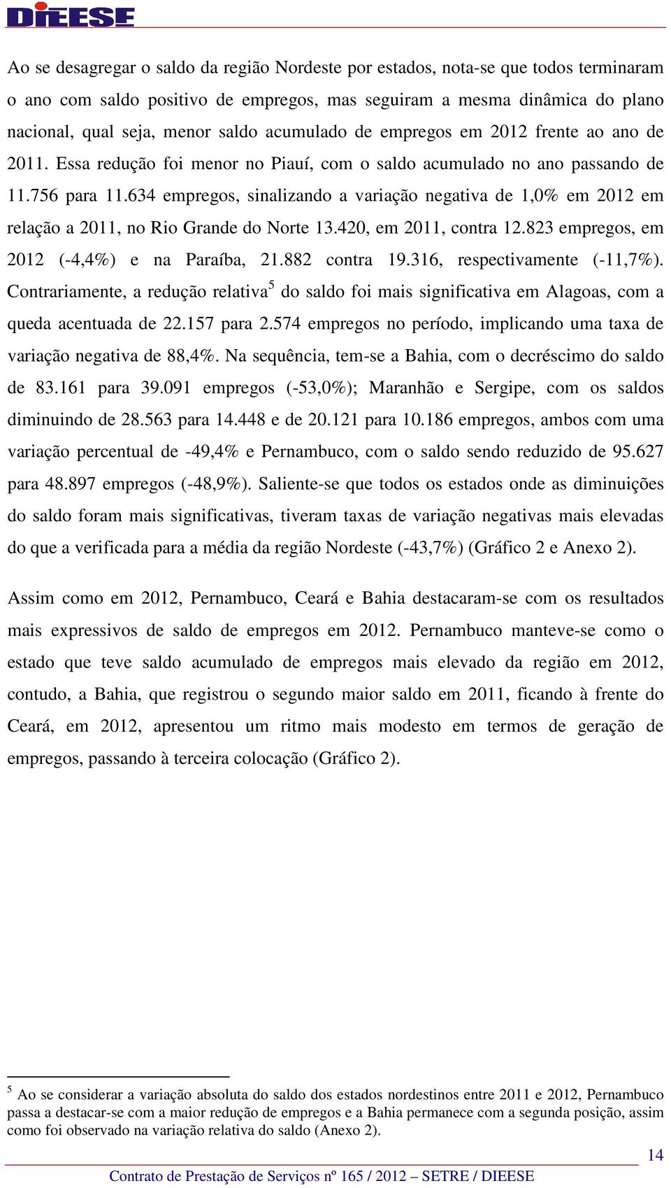 634 empregos, sinalizando a variação negativa de 1,0% em 2012 em relação a 2011, no Rio Grande do Norte 13.420, em 2011, contra 12.823 empregos, em 2012 (-4,4%) e na Paraíba, 21.882 contra 19.