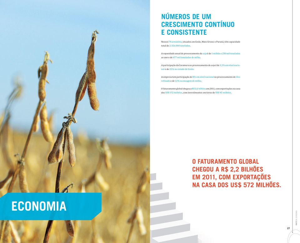 A participação da Caramuru no processamento de soja é de 3,5% em nível nacional e de 22% no estado de Goiás.