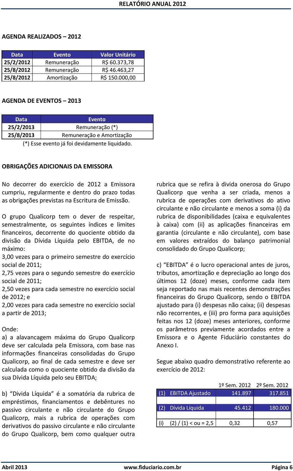 OBRIGAÇÕES ADICIONAIS DA EMISSORA No decorrer do exercício de 2012 a Emissora cumpriu, regularmente e dentro do prazo todas as obrigações previstas na Escritura de Emissão.