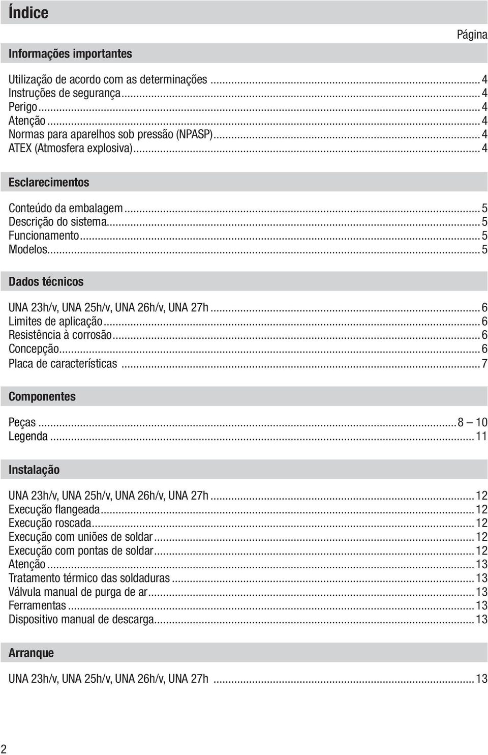 ..6 Limites de aplicação...6 Resistência à corrosão...6 Concepção...6 Placa de características...7 Componentes Peças...8 10 Legenda...11 Instalação UNA 23h/v, UNA 25h/v, UNA 26h/v, UNA 27h.