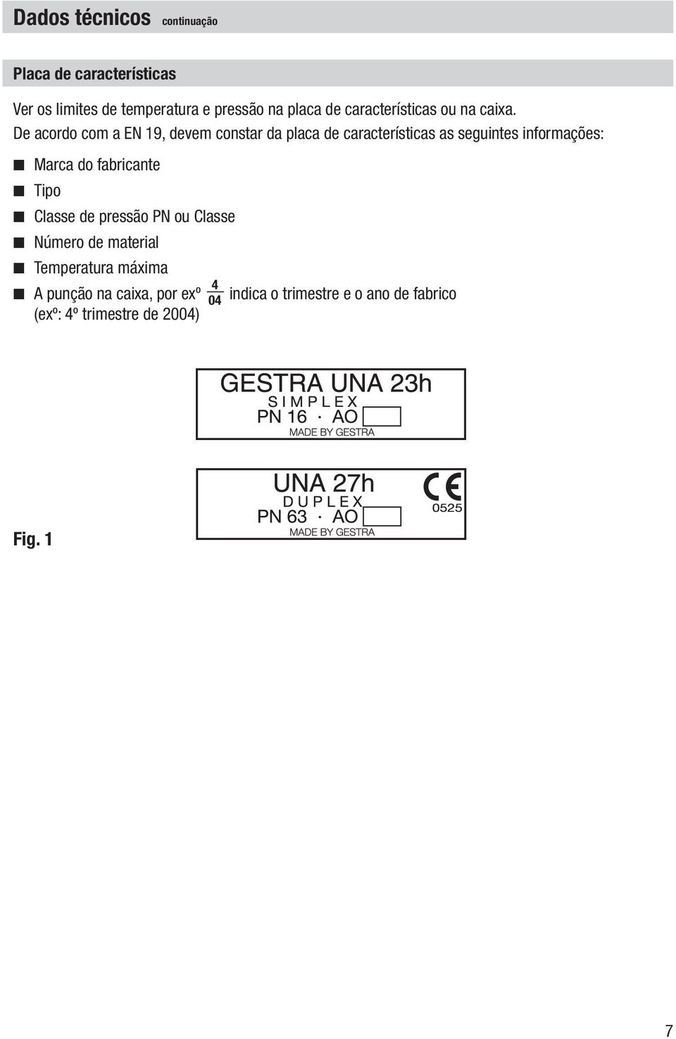 De acordo com a EN 19, devem constar da placa de características as seguintes informações: Marca do