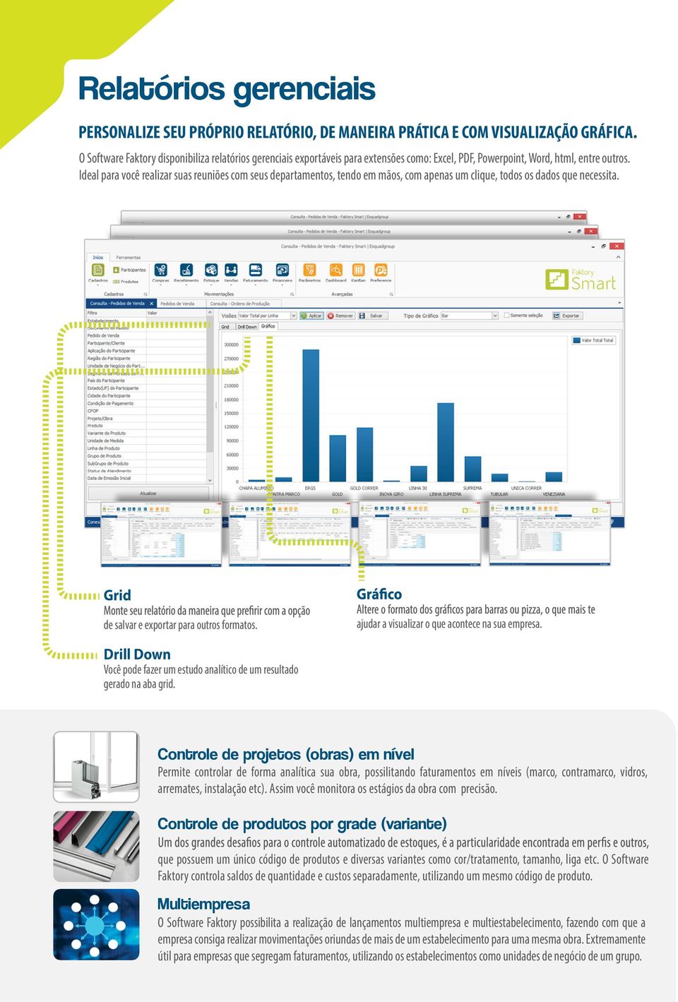 Ideal para você realizar suas reuniões com seus departamentos, tendo em mãos, com apenas um clique, todos os dados que necessita. Grid de salvar e exportar para outros formatos.