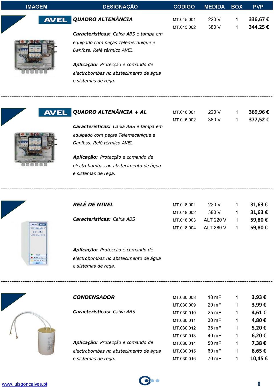 Relé térmico AVEL RELÉ DE NIVEL MT.018.001 220 V 1 31,63 MT.018.002 380 V 1 31,63 Caracteristicas: Caixa ABS MT.018.003 ALT 220 V 1 59,80 MT.018.004 ALT 380 V 1 59,80 CONDENSADOR MT.030.