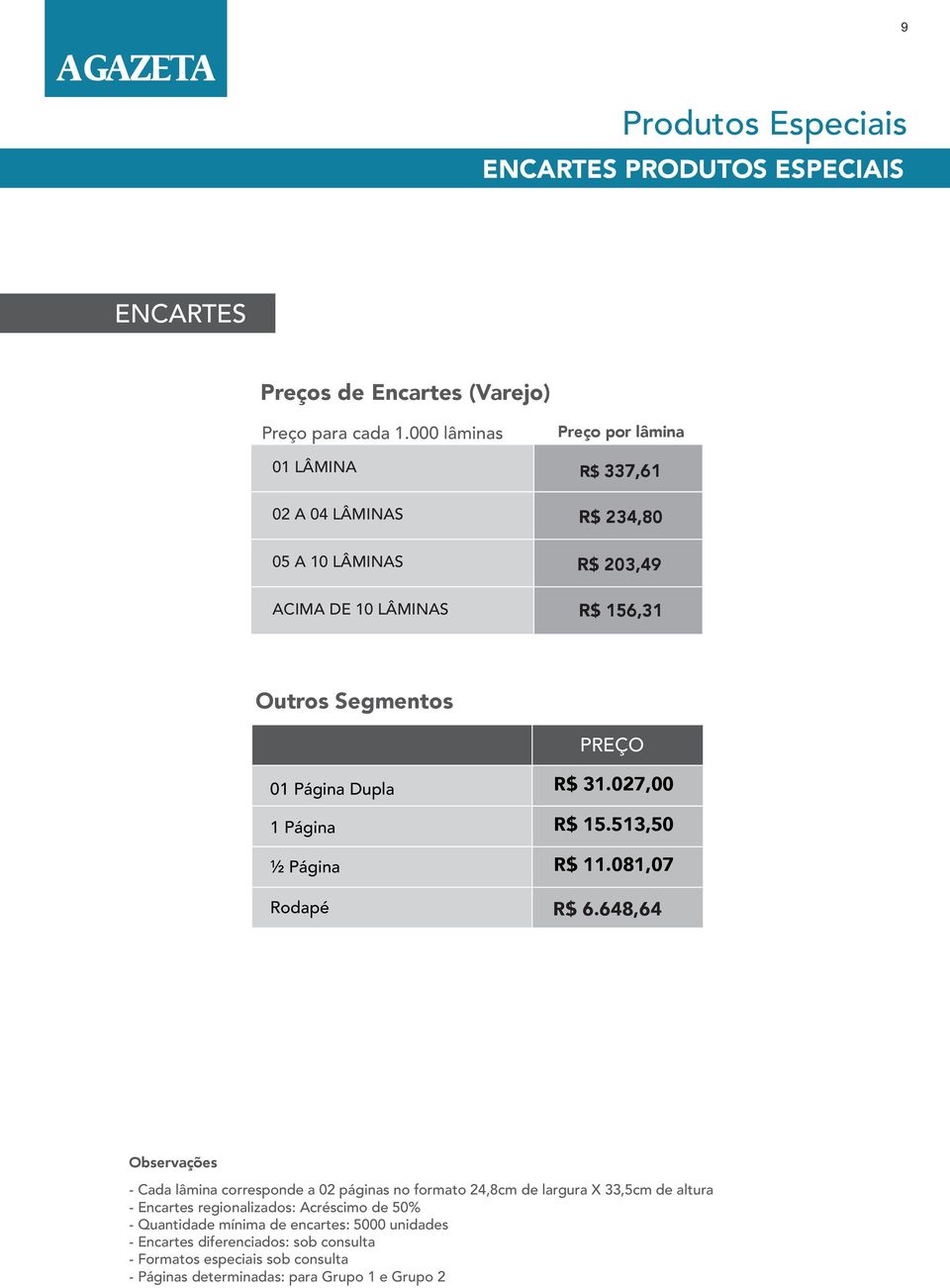 01 Página Dupla 1 Página ½ Página Rodapé R$ 31.027,00 R$ 15.513,50 R$ 11.081,07 R$ 6.