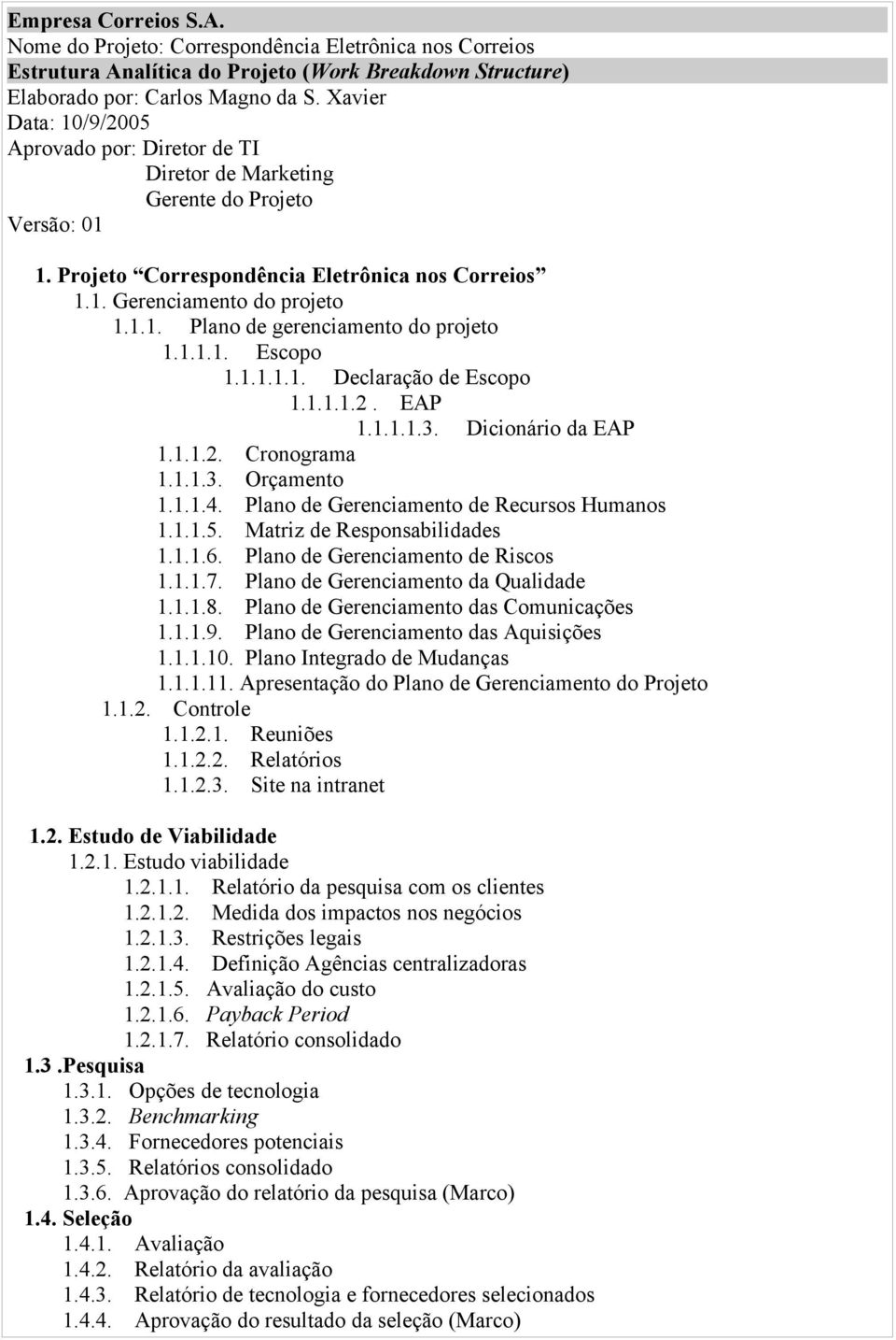 1.1.1. Escopo 1.1.1.1.1. Declaração de Escopo 1.1.1.1.2. EAP 1.1.1.1.3. Dicionário da EAP 1.1.1.2. Cronograma 1.1.1.3. Orçamento 1.1.1.4. Plano de Gerenciamento de Recursos Humanos 1.1.1.5.