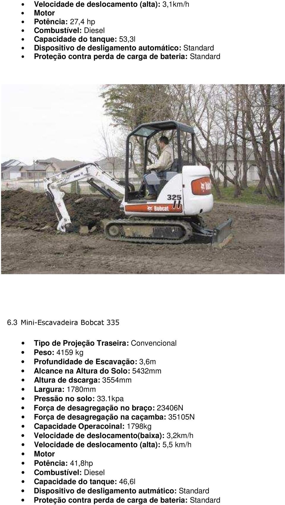 3 Mini-Escavadeira Bobcat 335 Tipo de Projeção Traseira: Convencional Peso: 4159 kg Profundidade de Escavação: 3,6m Alcance na Altura do Solo: 5432mm Altura de dscarga: 3554mm Largura: 1780mm Pressão