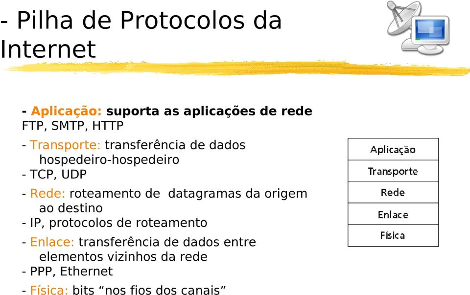 roteamento de datagramas da origem ao destino - IP, protocolos de roteamento - Enlace: