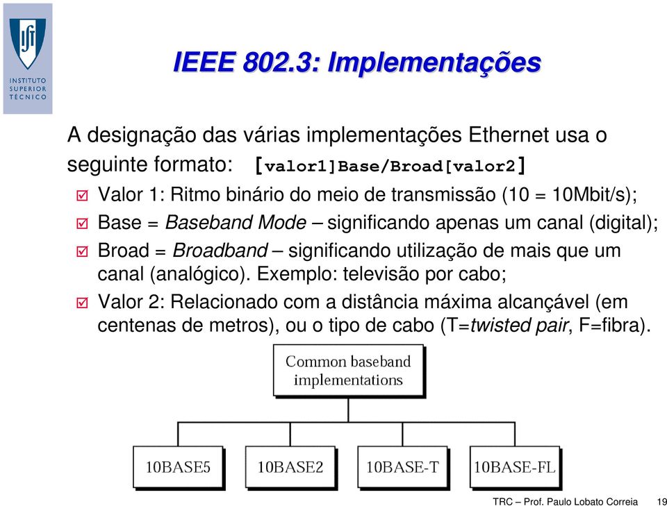 Ritmo binário do meio de transmissão (10 = 10Mbit/s); Base = Baseband Mode significando apenas um canal (digital); Broad =
