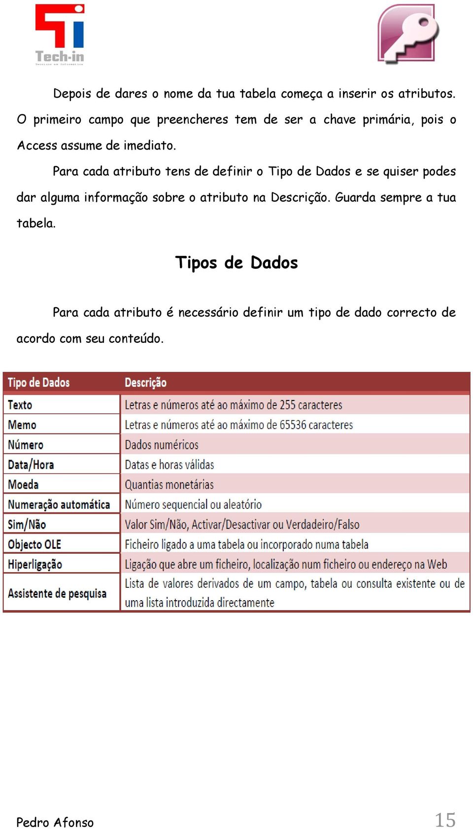 Para cada atributo tens de definir o Tipo de Dados e se quiser podes dar alguma informação sobre o atributo