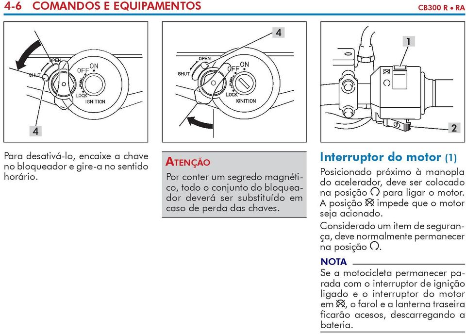 Interruptor do motor (1) Posicionado próximo à manopla do acelerador, deve ser colocado na posição para ligar o motor. A posição impede que o motor seja acionado.