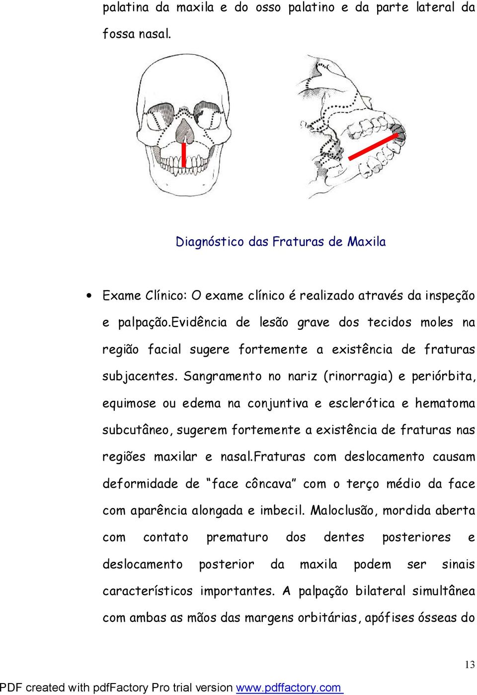 Sangramento no nariz (rinorragia) e periórbita, equimose ou edema na conjuntiva e esclerótica e hematoma subcutâneo, sugerem fortemente a existência de fraturas nas regiões maxilar e nasal.