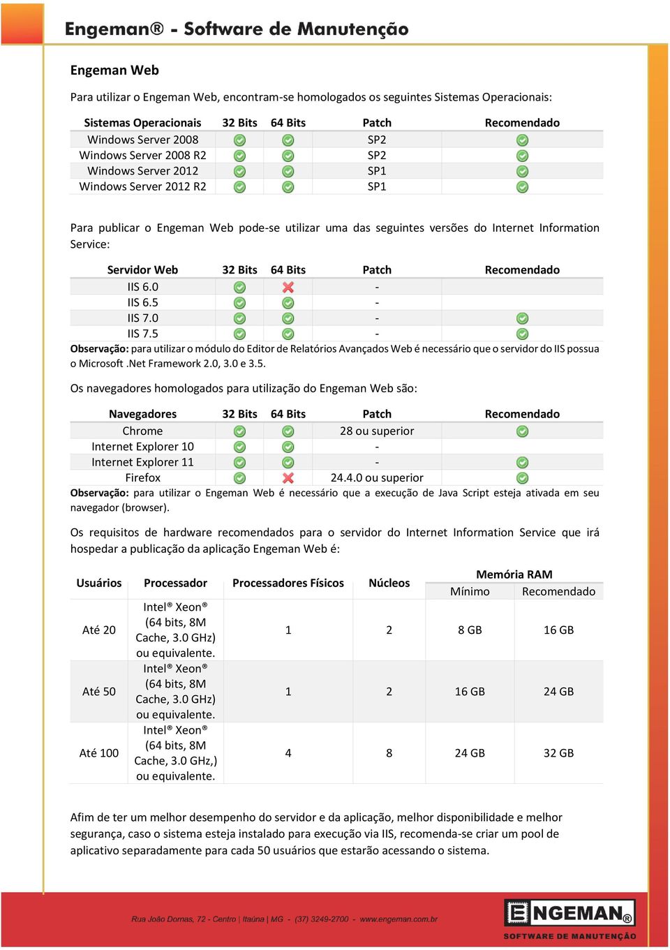 5 - Observação: para utilizar o módulo do Editor de Relatórios Avançados Web é necessário que o servidor do IIS possua o Microsoft.Net Framework 2.0, 3.0 e 3.5. Os navegadores homologados para utilização do Engeman Web são: Navegadores 32 Bits 64 Bits Patch Recomendado Chrome 28 ou superior Internet Explorer 10 - Internet Explorer 11 - Firefox 24.