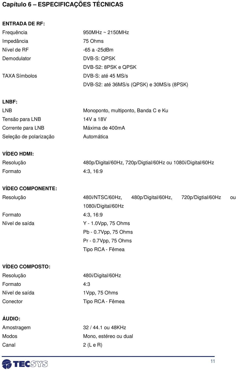 Resolução Formato 480p/Digital/60Hz, 720p/Digtial/60Hz ou 1080i/Digital/60Hz 4:3, 16:9 VÍDEO COMPONENTE: Resolução Formato Nível de saída 480i/NTSC/60Hz, 480p/Digital/60Hz, 720p/Digtial/60Hz ou