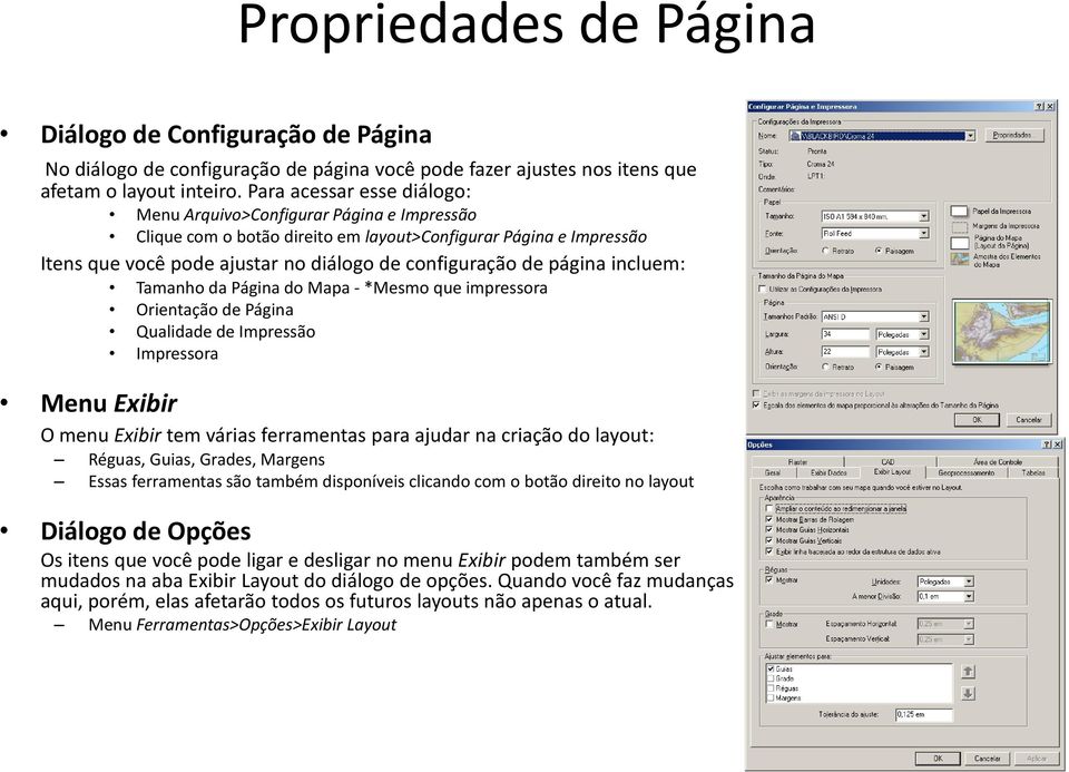 página incluem: Tamanho da Página do Mapa - *Mesmo que impressora Orientação de Página Qualidade de Impressão Impressora Menu Exibir O menu Exibir tem várias ferramentas para ajudar na criação do