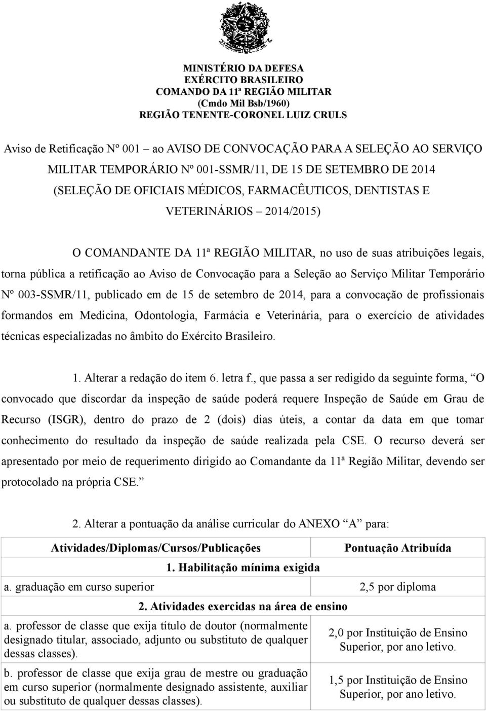 suas atribuições legais, torna pública a retificação ao Aviso de Convocação para a Seleção ao Serviço Militar Temporário Nº 003-SSMR/11, publicado em de 15 de setembro de 2014, para a convocação de