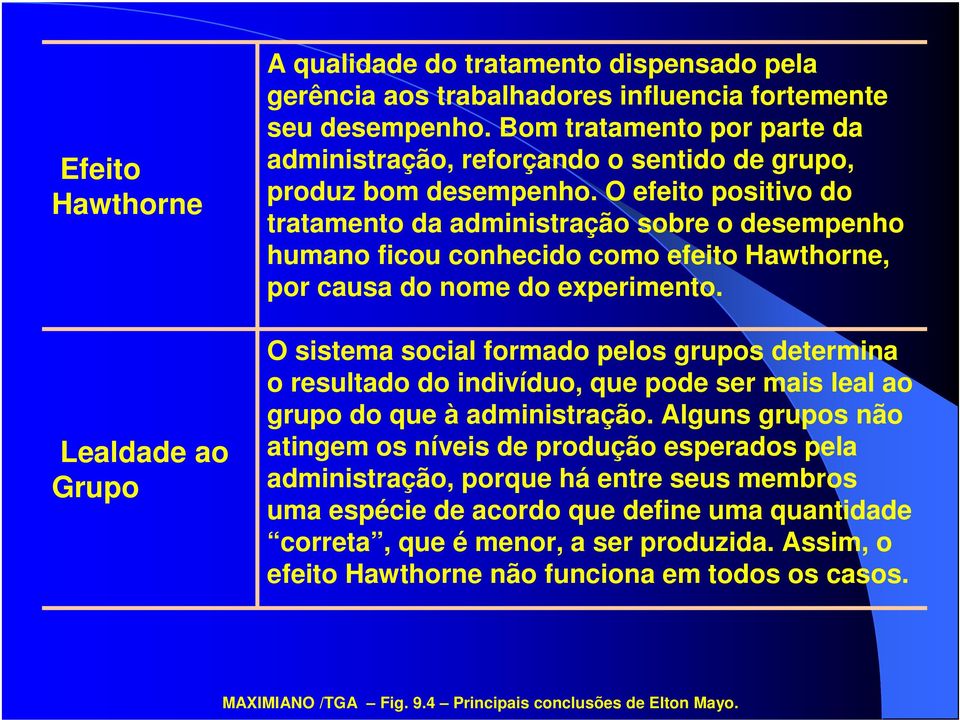 O efeito positivo do tratamento da administração sobre o desempenho humano ficou conhecido como efeito Hawthorne, por causa do nome do experimento.