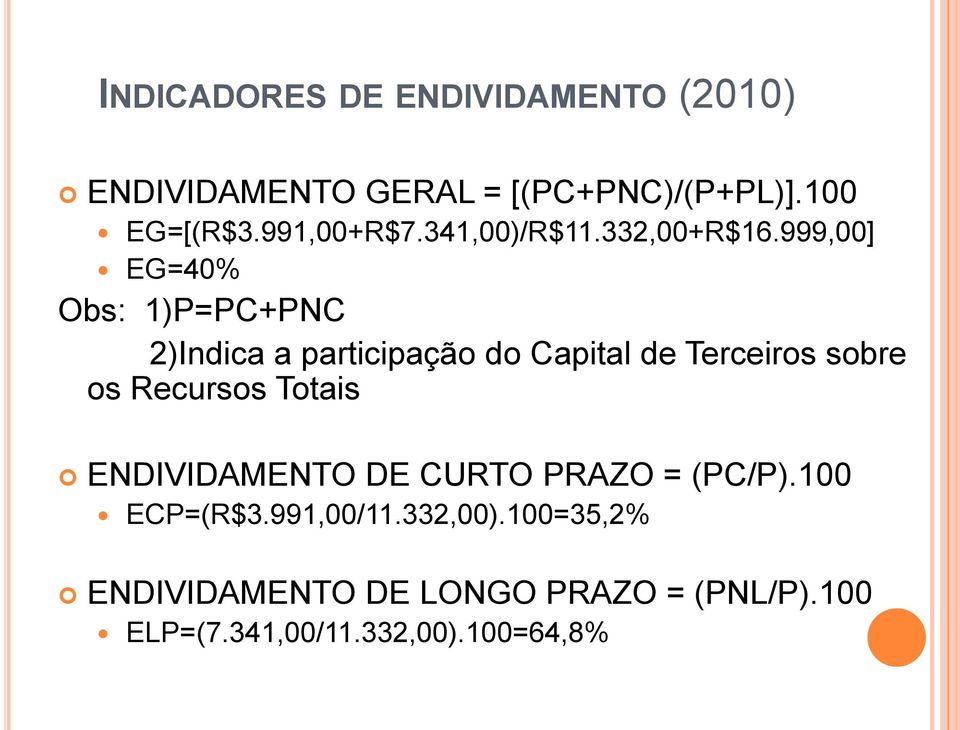 999,00] EG=40% Obs: 1)P=PC+PNC 2)Indica a participação do Capital de Terceiros sobre os Recursos