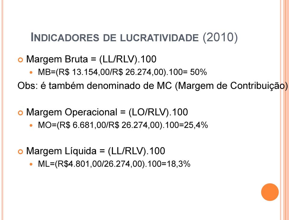 100= 50% Obs: é também denominado de MC (Margem de Contribuição) Margem