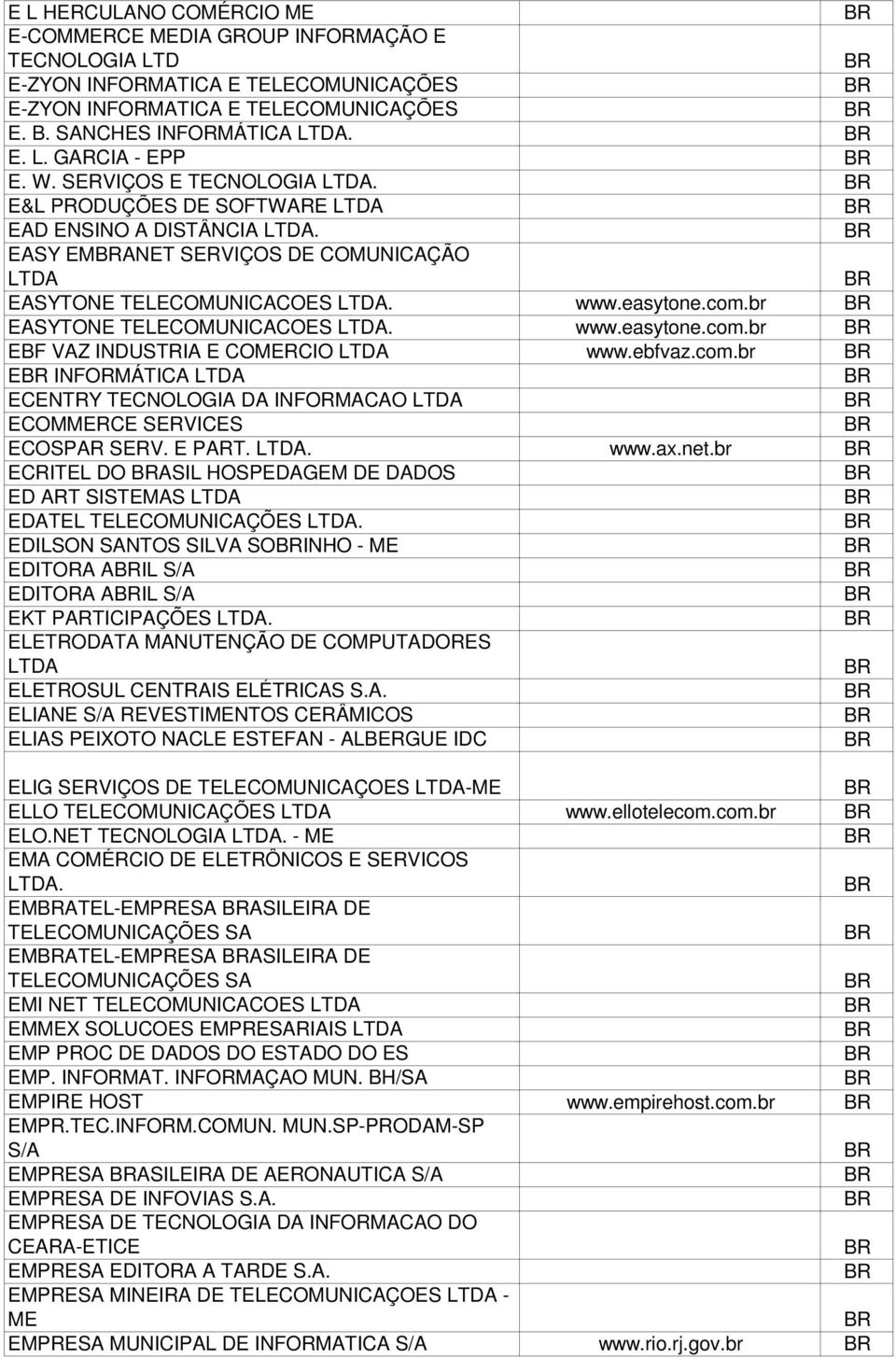 ebfvaz.com.br E INFORMÁTICA ECENTRY TECNOLOGIA DA INFORMACAO EMMERCE SERVICES ESP SERV. E PT.. www.ax.net.br ECRITEL DO ASIL HOSPEDAGEM DE DADOS ED T SISTEMAS EDATEL TELEMUNICAÇÕES.