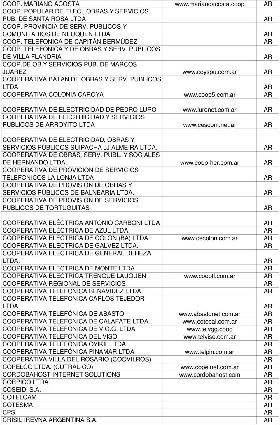 luronet.com.ar OPERATIVA DE ELECTRICIDAD Y SERVICIOS PUBLIS DE ROYITO www.cescom.net.ar OPERATIVA DE ELECTRICIDAD, OAS Y SERVICIOS PÚBLIS SUICHA JJ ALMEIRA. OPERATIVA DE OAS, SERV. PUBL. Y SOCIALES DE HERNANDO.