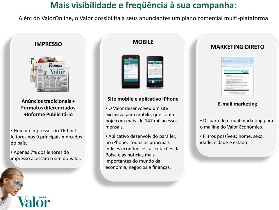 Site mobile e aplicativo iphone O Valor desenvolveu um site exclusivo para mobile, que conta hoje com mais de 147 mil acessos mensais.