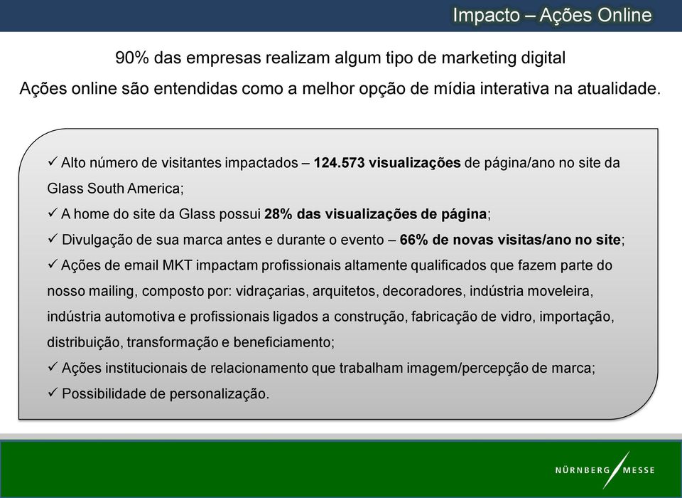 573 visualizações de página/ano no site da Glass South America; A home do site da Glass possui 28% das visualizações de página; Divulgação de sua marca antes e durante o evento 66% de novas