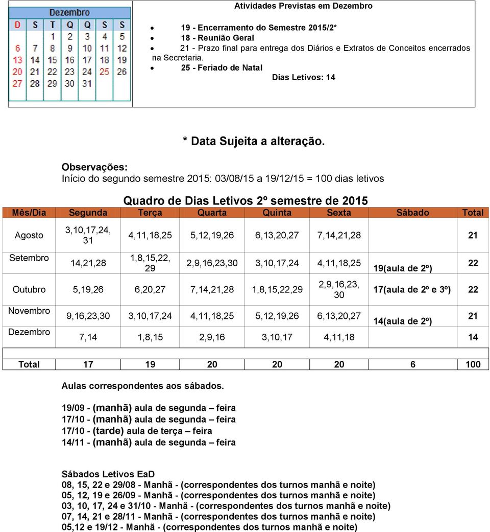 Observações: Início do segundo semestre 2015: 03/08/15 a 19/12/15 = 100 dias letivos Quadro de Dias Letivos 2º semestre de 2015 Mês/Dia Segunda Terça Quarta Quinta Sexta Sábado Total Agosto Setembro