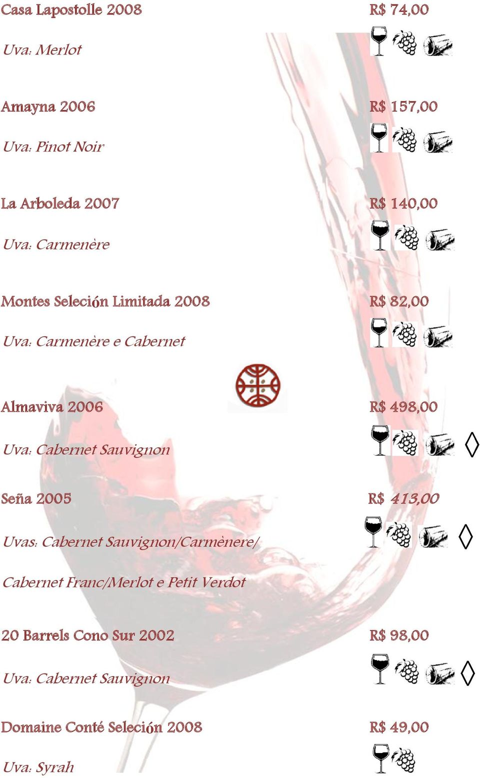 Almaviva 2006 R$ 498,00 Seña 2005 R$ 413,00 Uvas: Cabernet Sauvignon/Carmènere/ Cabernet
