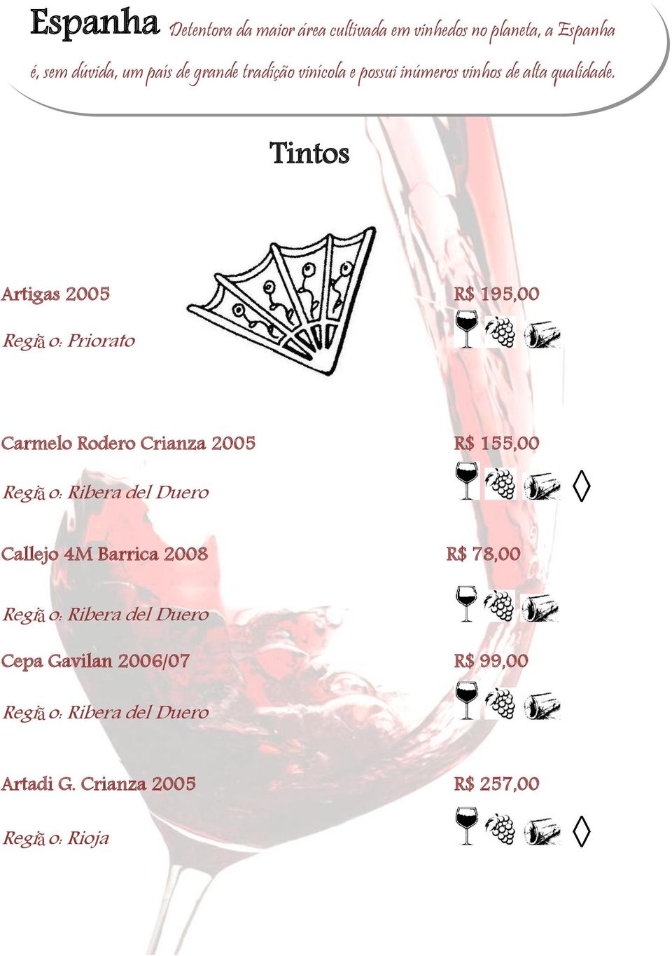 Artigas 2005 R$ 195,00 Região: Priorato Carmelo Rodero Crianza 2005 R$ 155,00 Região: Ribera del Duero