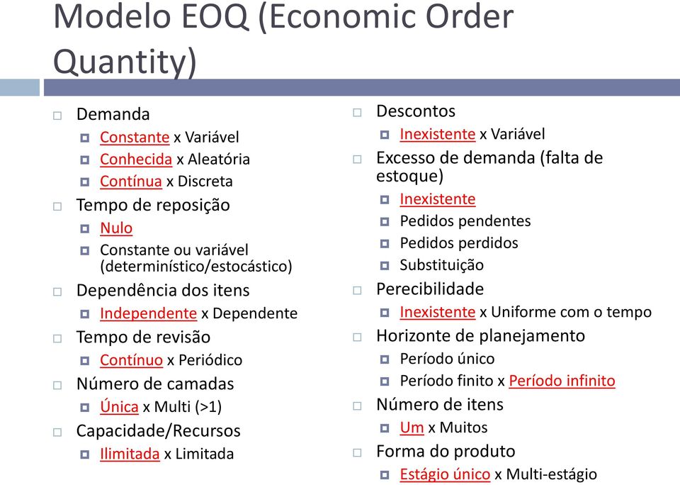 Capacidade/Recursos Ilimitada x Limitada Descontos Inexistente x Variável Excesso de demanda (falta de estoque) Inexistente Pedidos pendentes Pedidos perdidos